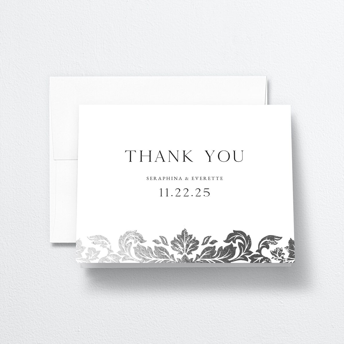 Elegant Damask Thank You Cards Silver Pure White