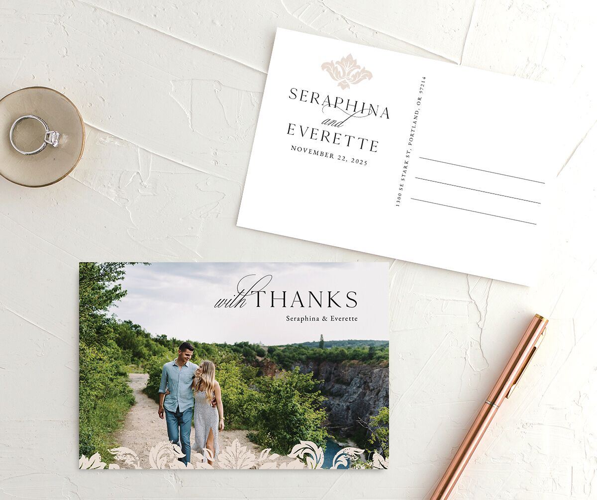 Elegant Damask Thank You Postcards Champagne