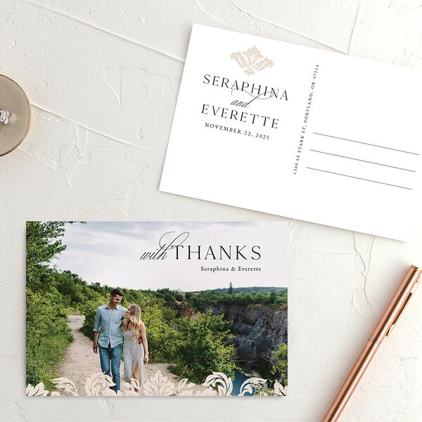Elegant Damask Thank You Postcards Champagne