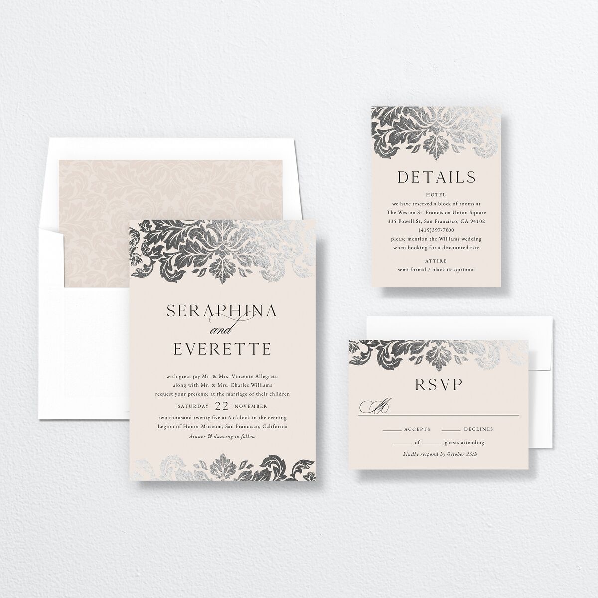 Elegant Damask Wedding Invitations Silver Champagne Signature No