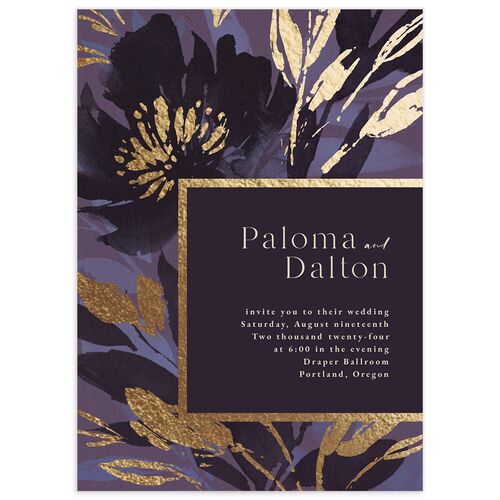 Contemporary Floral Wedding Invitations Gold Plum Signature Blank No