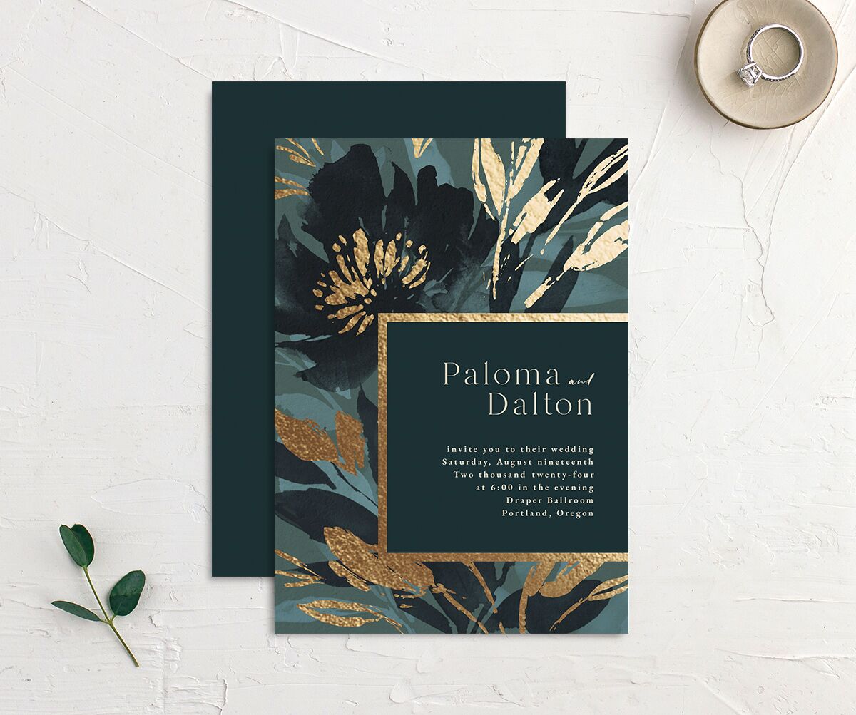 Contemporary Floral Wedding Invitations Gold Dusty Blue Signature No