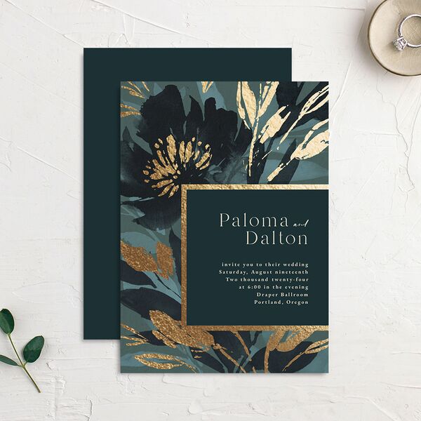 Contemporary Floral Wedding Invitations Gold Dusty Blue Signature No