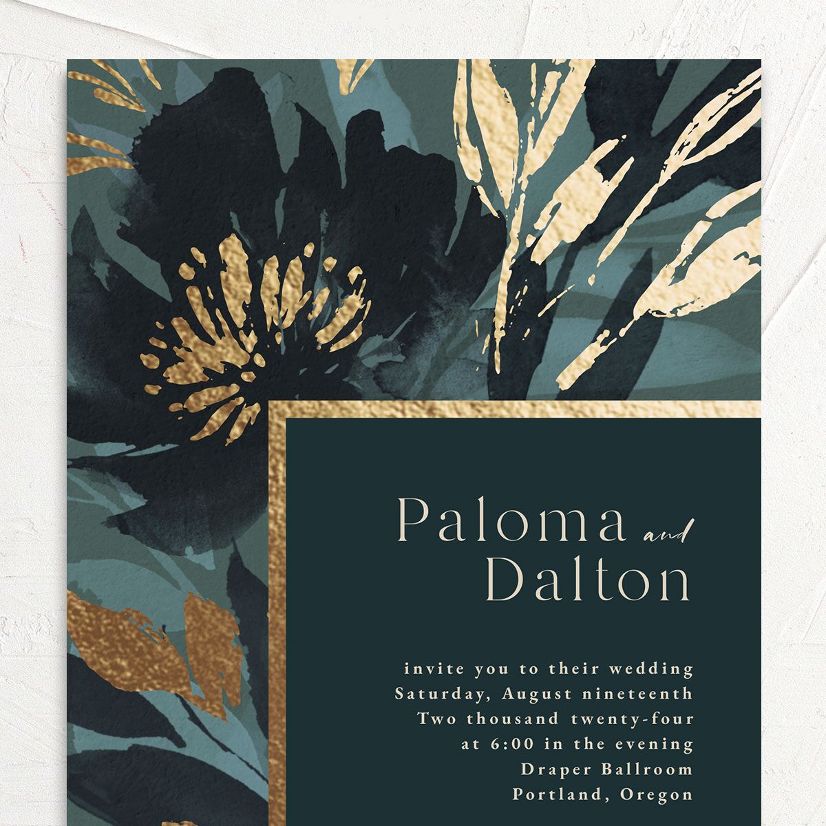 Contemporary Floral Wedding Invitations Gold Dusty Blue Signature No