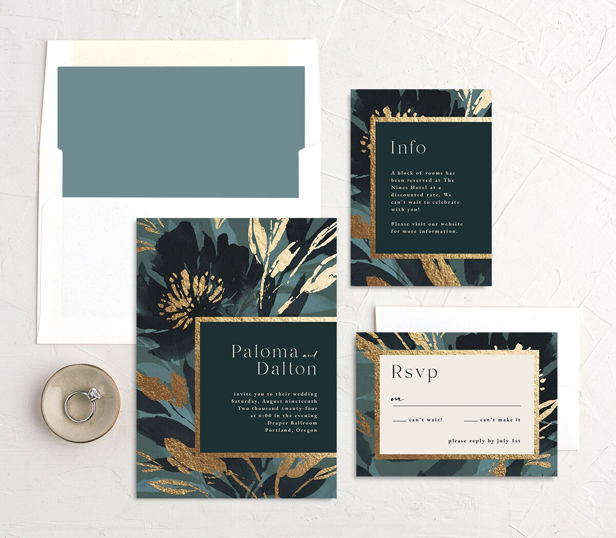 Contemporary Floral Wedding Invitations Gold Dusty Blue Signature No