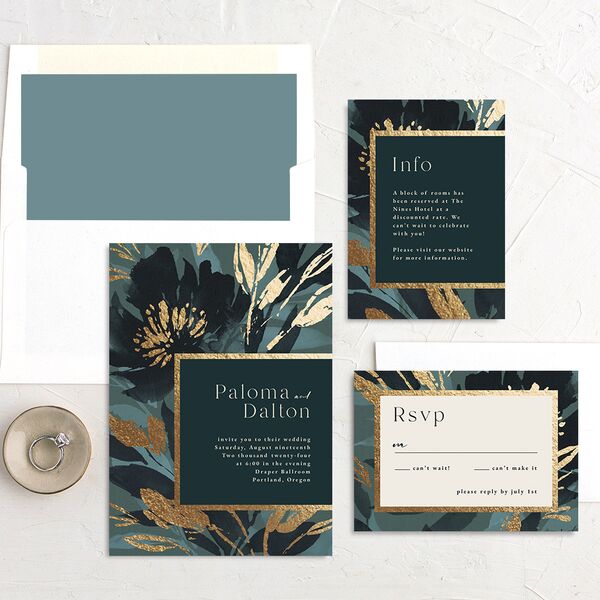 Contemporary Floral Wedding Invitations Gold Dusty Blue Signature No