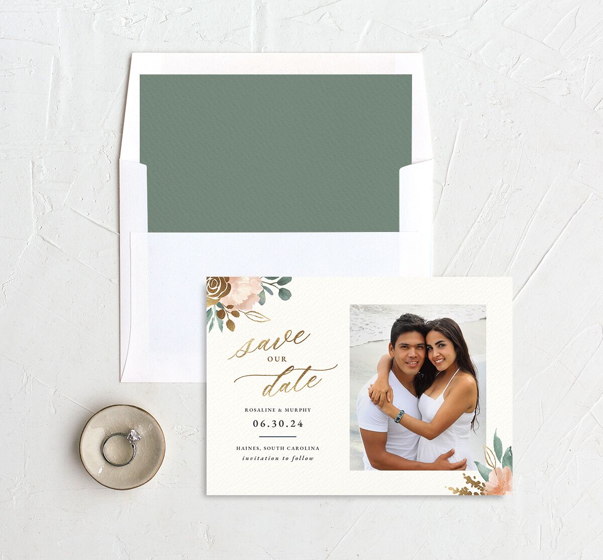 Exquisite Garden Save The Date Cards Gold Blossom Signature smooth No