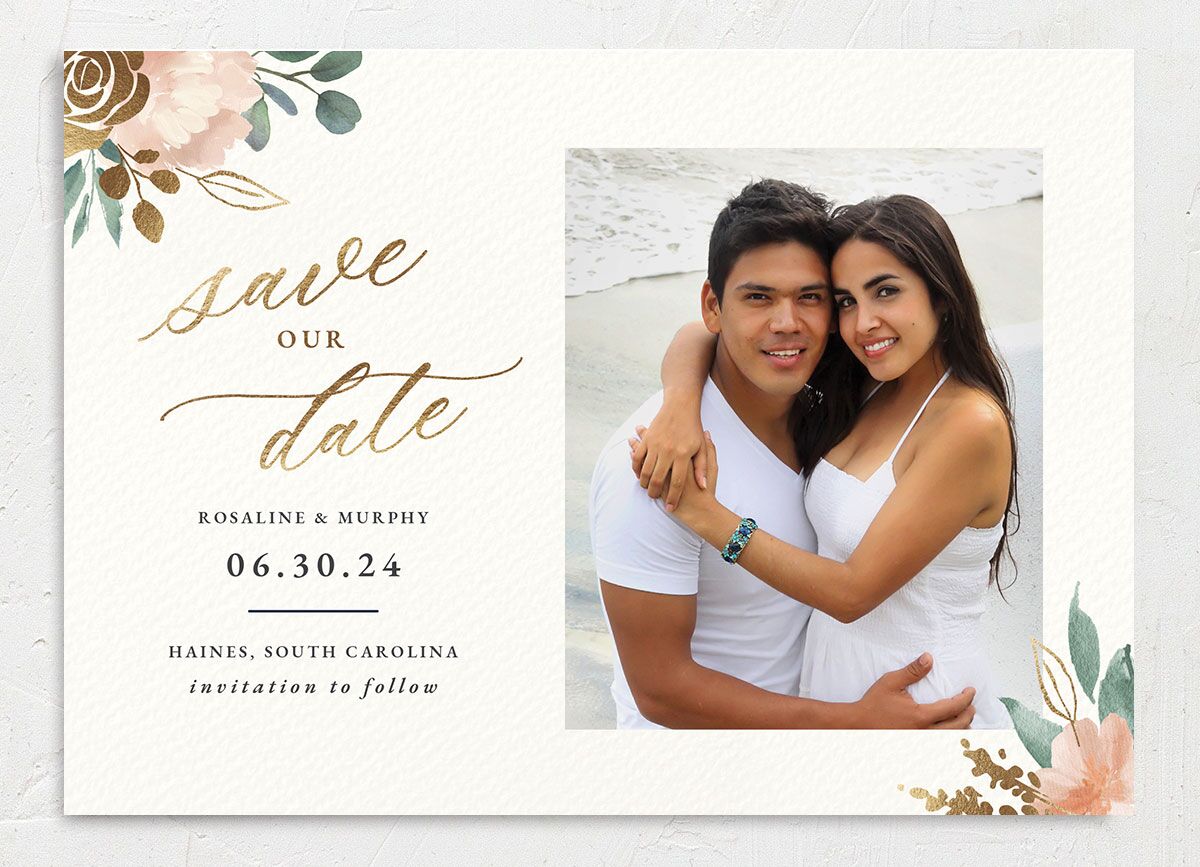 Exquisite Garden Save The Date Cards Gold Blossom Signature smooth No