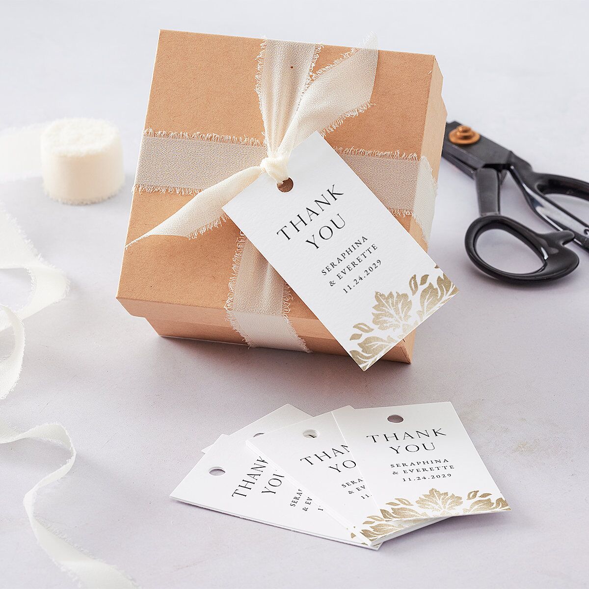 Elegant Damask Favor Gift Tags Gold Pure White Signature