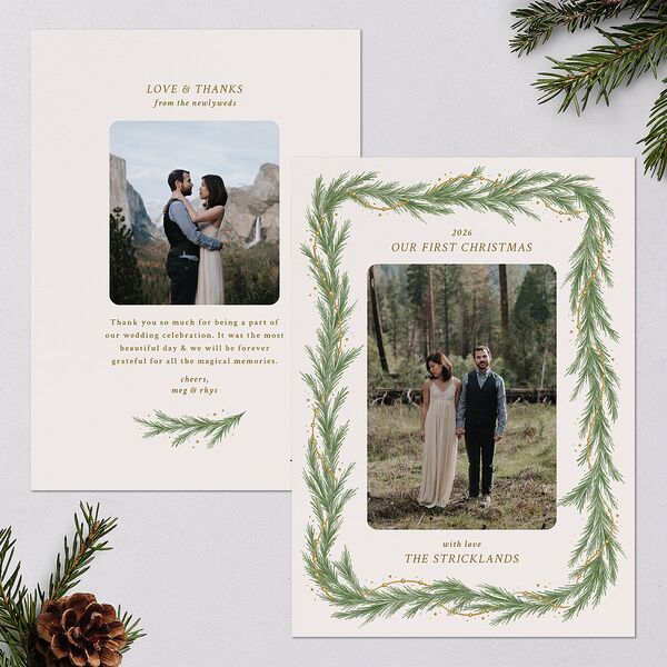 Rustic Garland Newlyweds First Christmas Holiday Cards Linen Signature Blank Standard