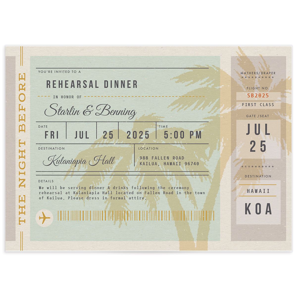 Retro Boarding Pass Rehearsal Dinner Invitations