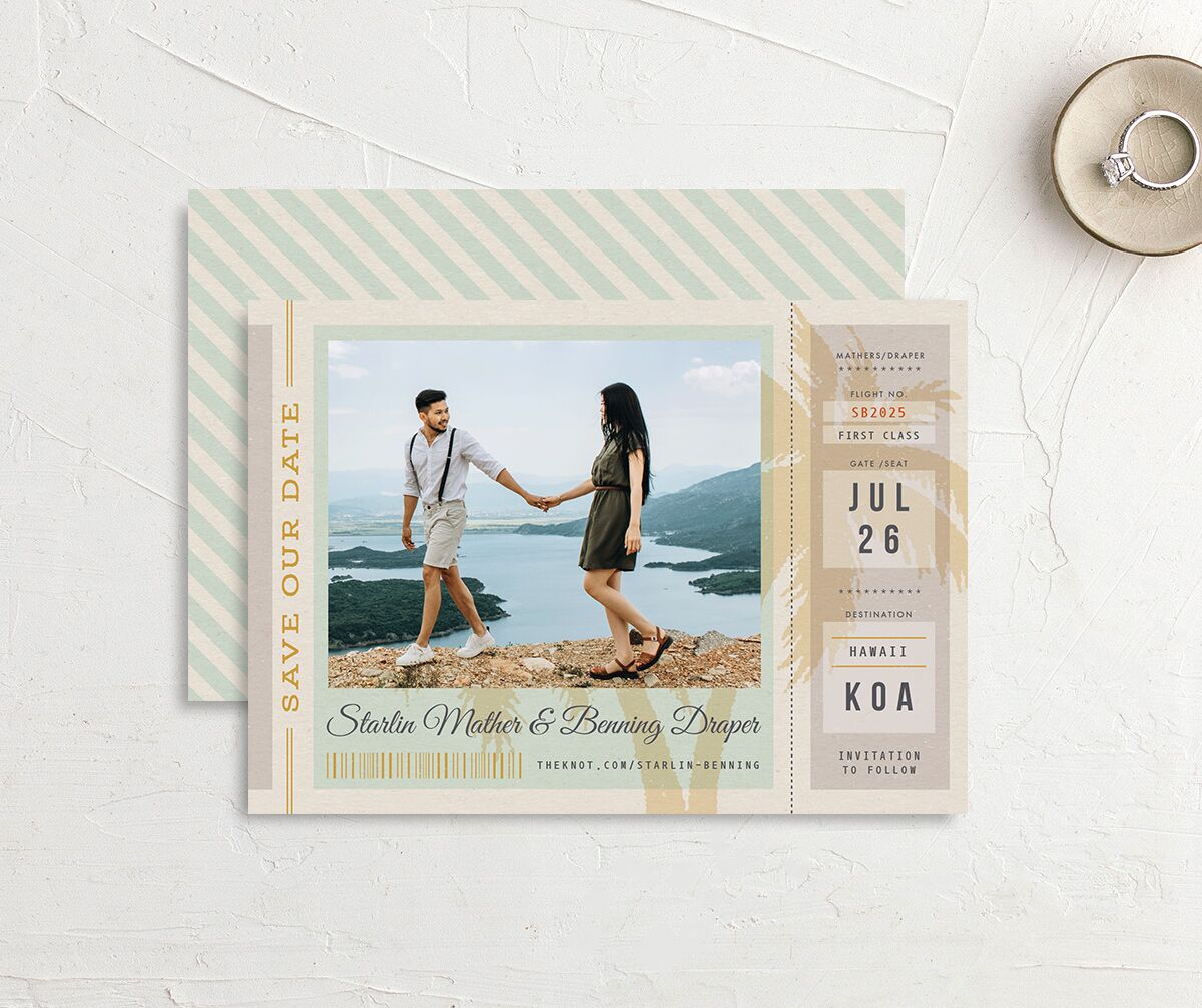 Retro Boarding Pass Save The Date Cards front-and-back in Teal