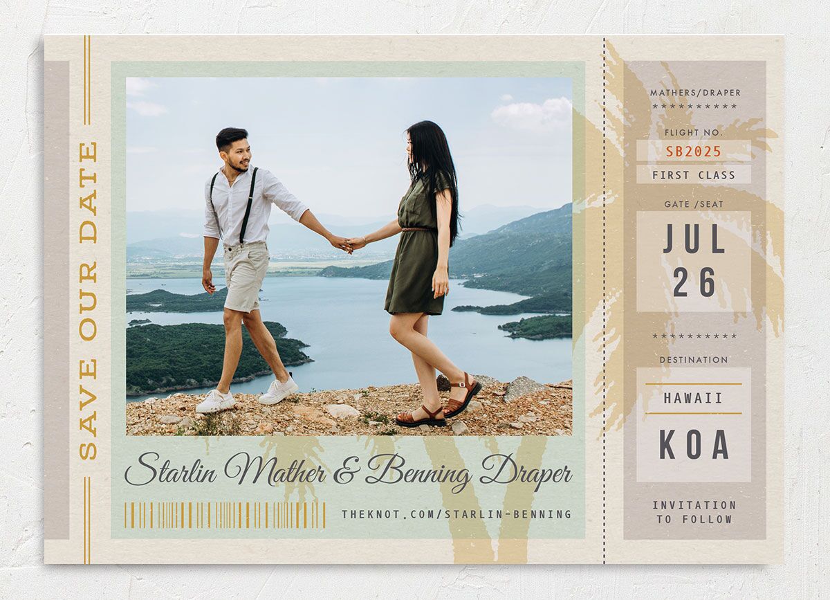 Retro Boarding Pass Save The Date Cards front in Teal