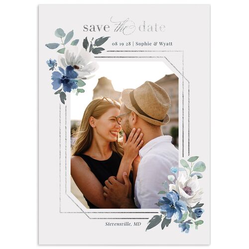 Floral Frame Save The Date Cards Silver Regency Blue Signature smooth No Standard