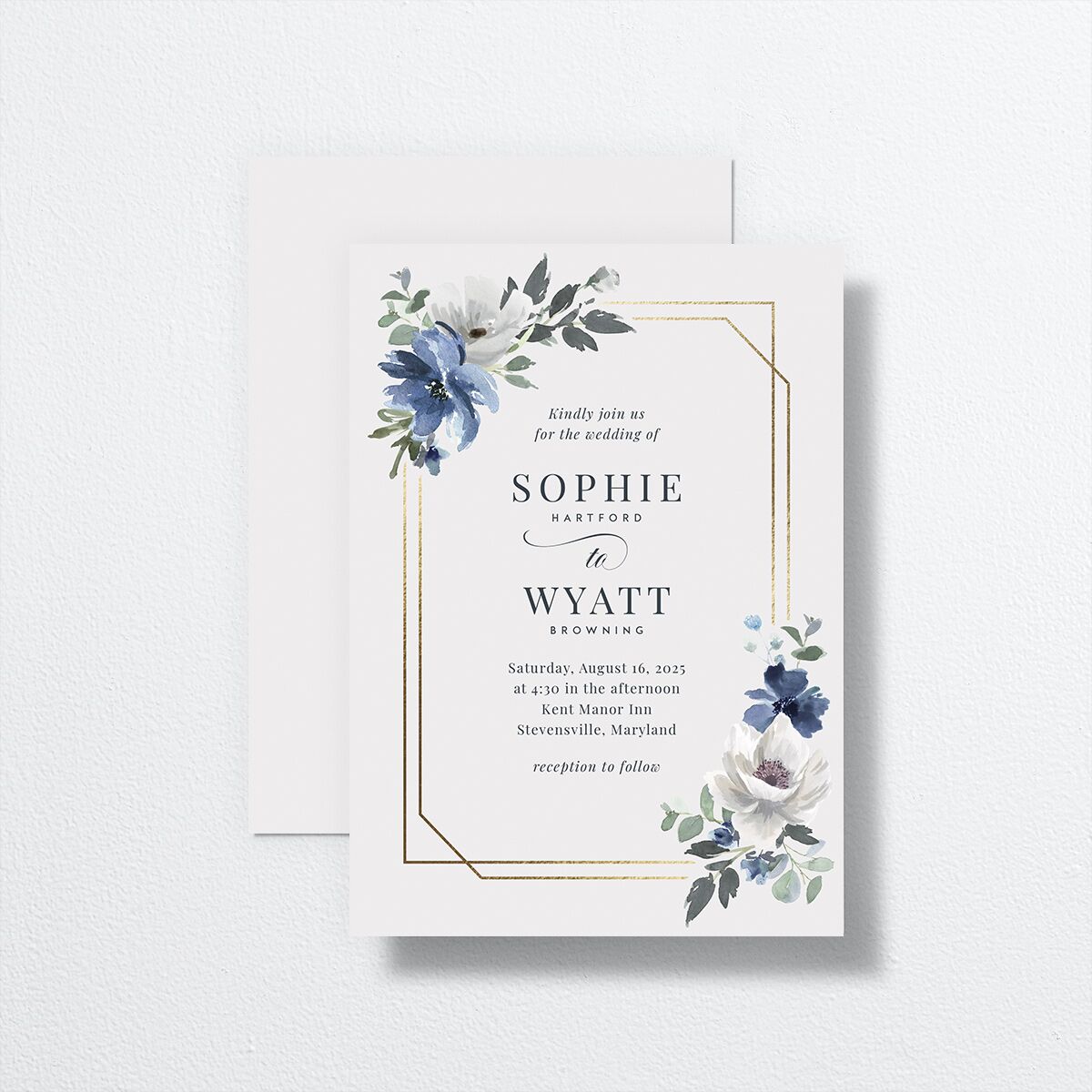 Floral Frame Wedding Invitations front-and-back in Blue