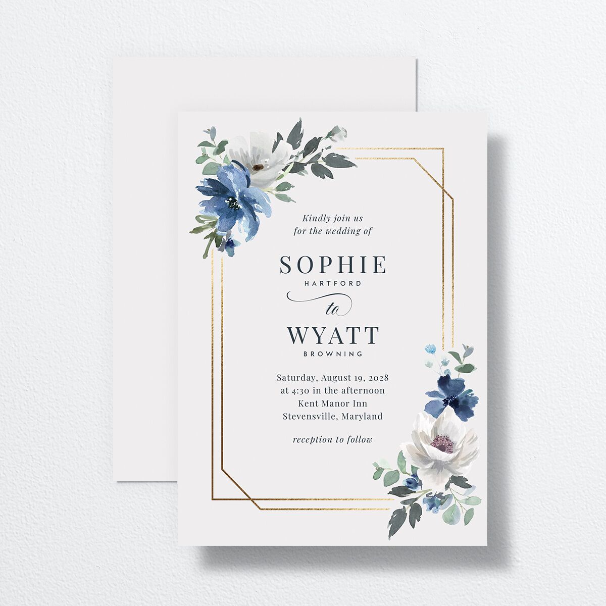 Floral Frame Wedding Invitations Gold Regency Blue Signature No Standard