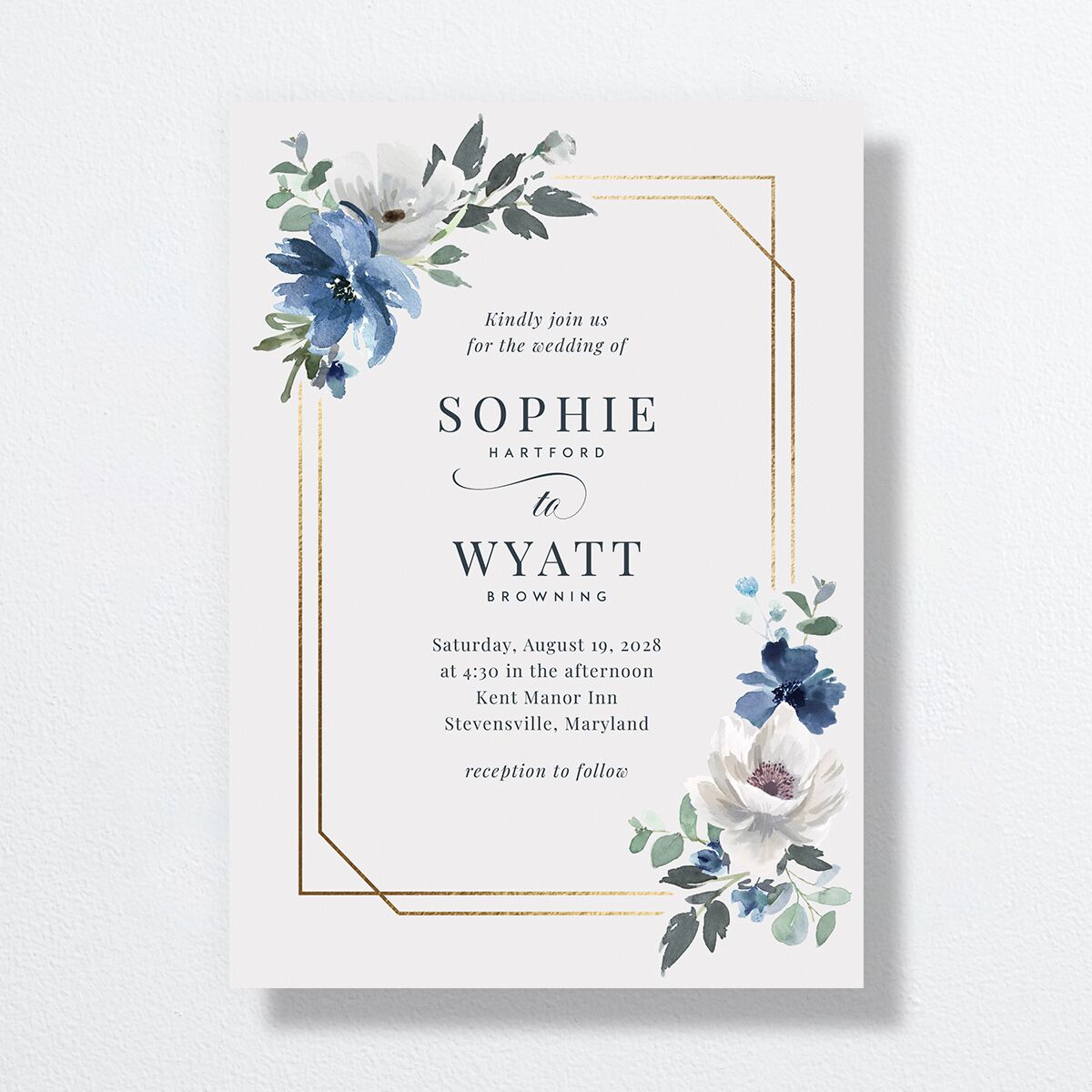 Floral Frame Wedding Invitations Gold Regency Blue Signature No Standard