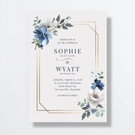 Floral Frame Wedding Invitations Gold Regency Blue Signature No Standard