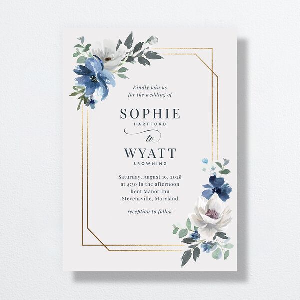 Floral Frame Wedding Invitations Gold Regency Blue Signature No Standard