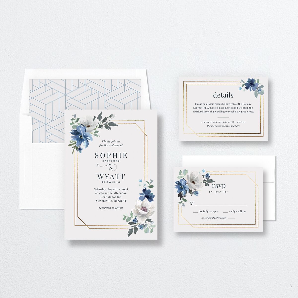 Floral Frame Wedding Invitations Gold Regency Blue Signature No Standard