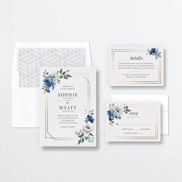 Floral Frame Wedding Invitations Gold Regency Blue Signature No Standard