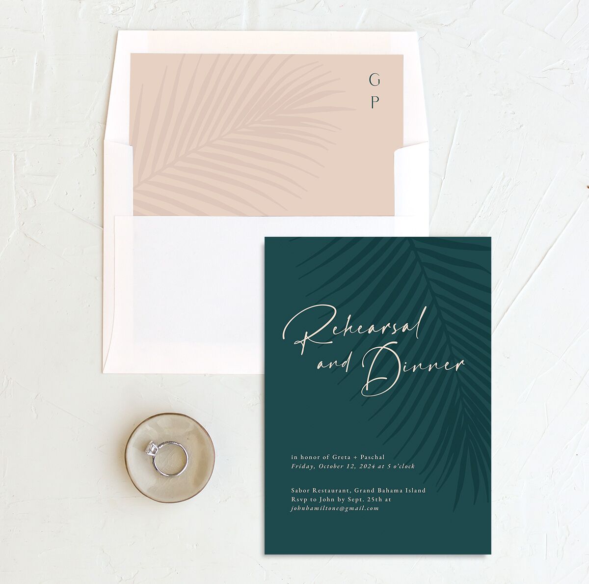 Lavish Palm Rehearsal Dinner Invitations envelope-and-liner in teal