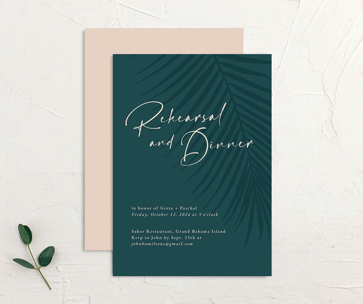 Lavish Palm Rehearsal Dinner Invitations front-and-back in teal