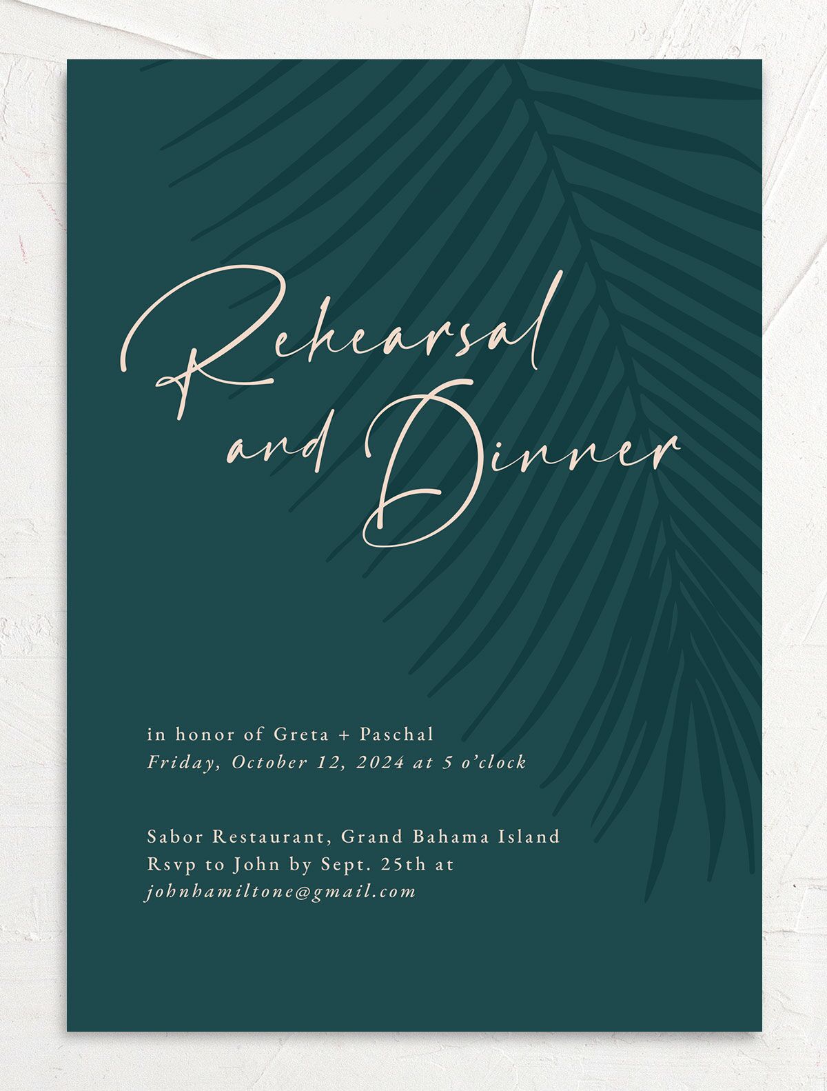 Lavish Palm Rehearsal Dinner Invitations front in teal