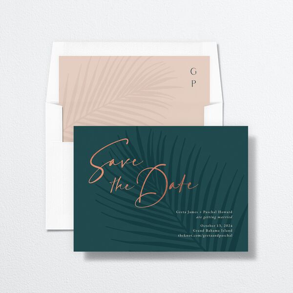 Lavish Palm Save The Date Cards envelope-and-liner