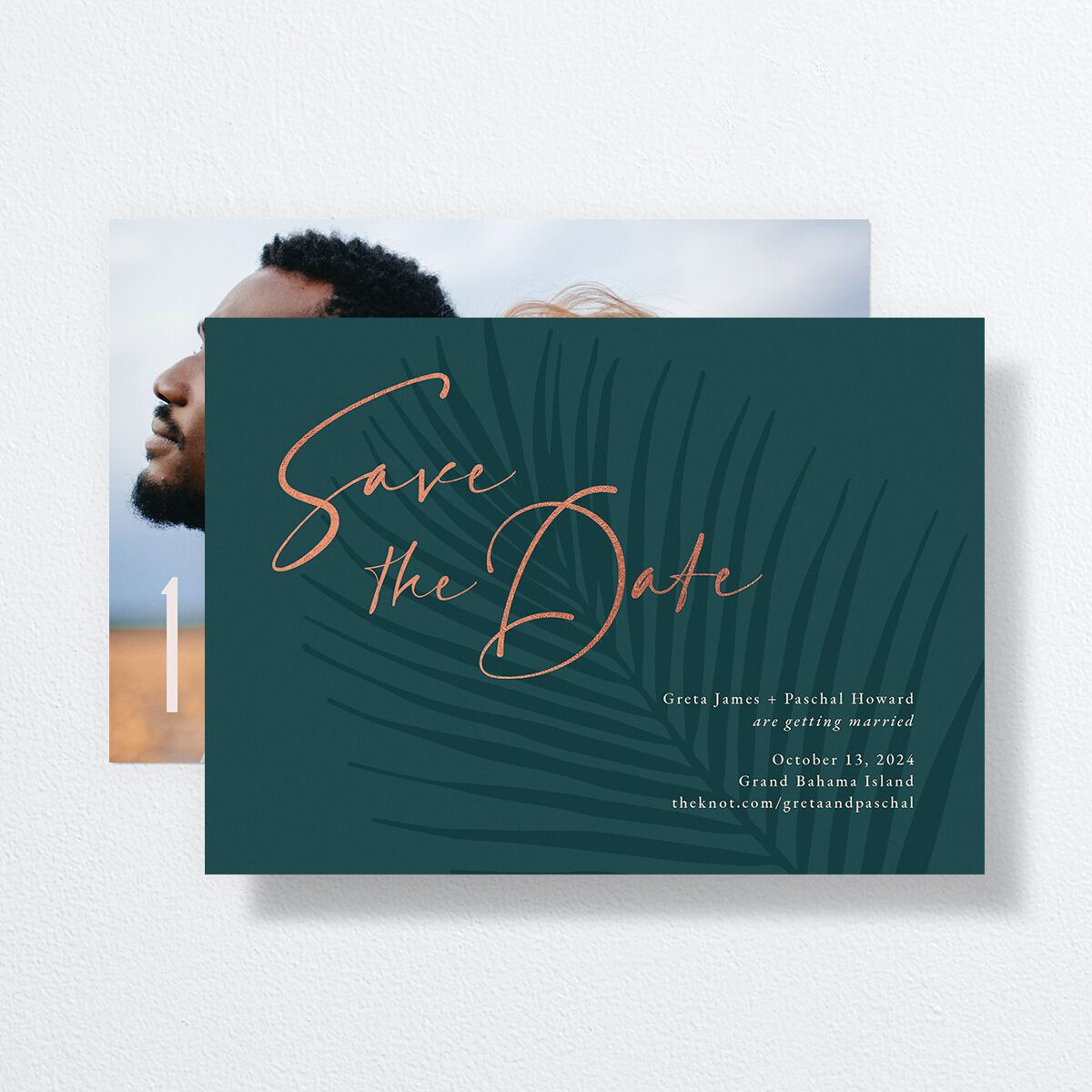 Lavish Palm Save The Date Cards front-and-back in teal