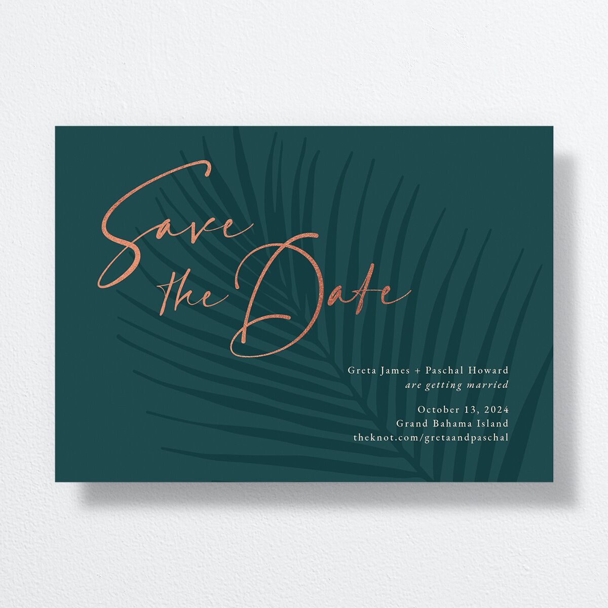 Lavish Palm Save The Date Cards Rose Gold Deep Lake Signature smooth No