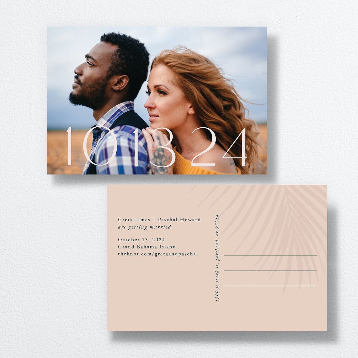 Lavish Palm Save The Date Postcards front-and-back in teal