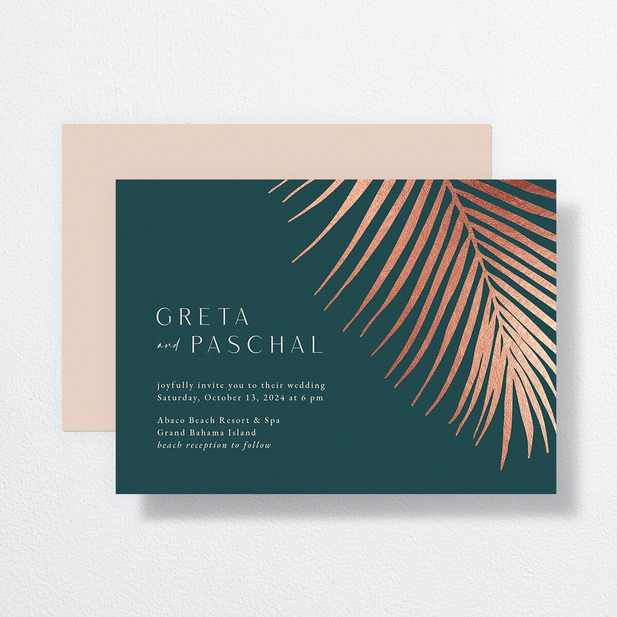 Lavish Palm Wedding Invitations front-and-back in teal