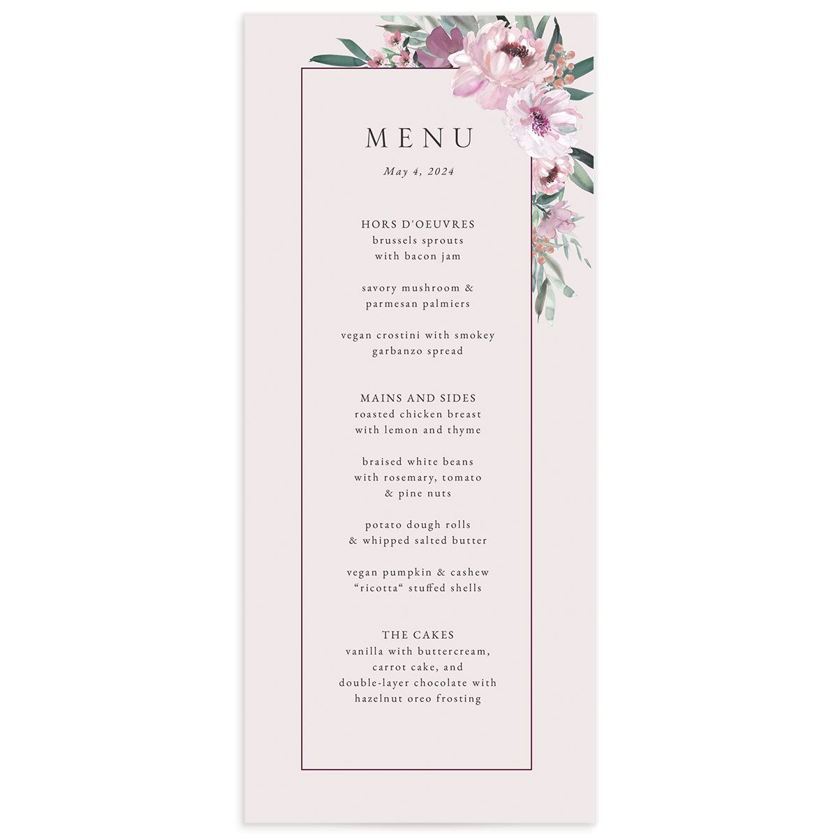 Decadent Blossom Menus front in lavender