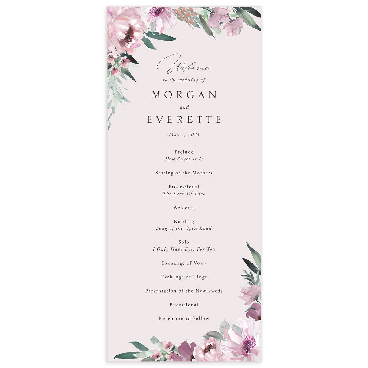 Decadent Blossom Wedding Programs front in lavender
