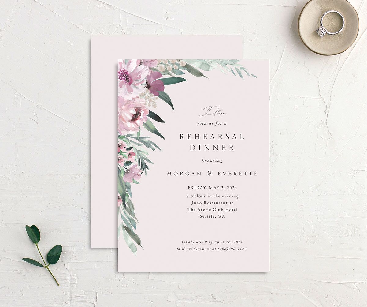 Decadent Blossom Rehearsal Dinner Invitations front-and-back in lavender