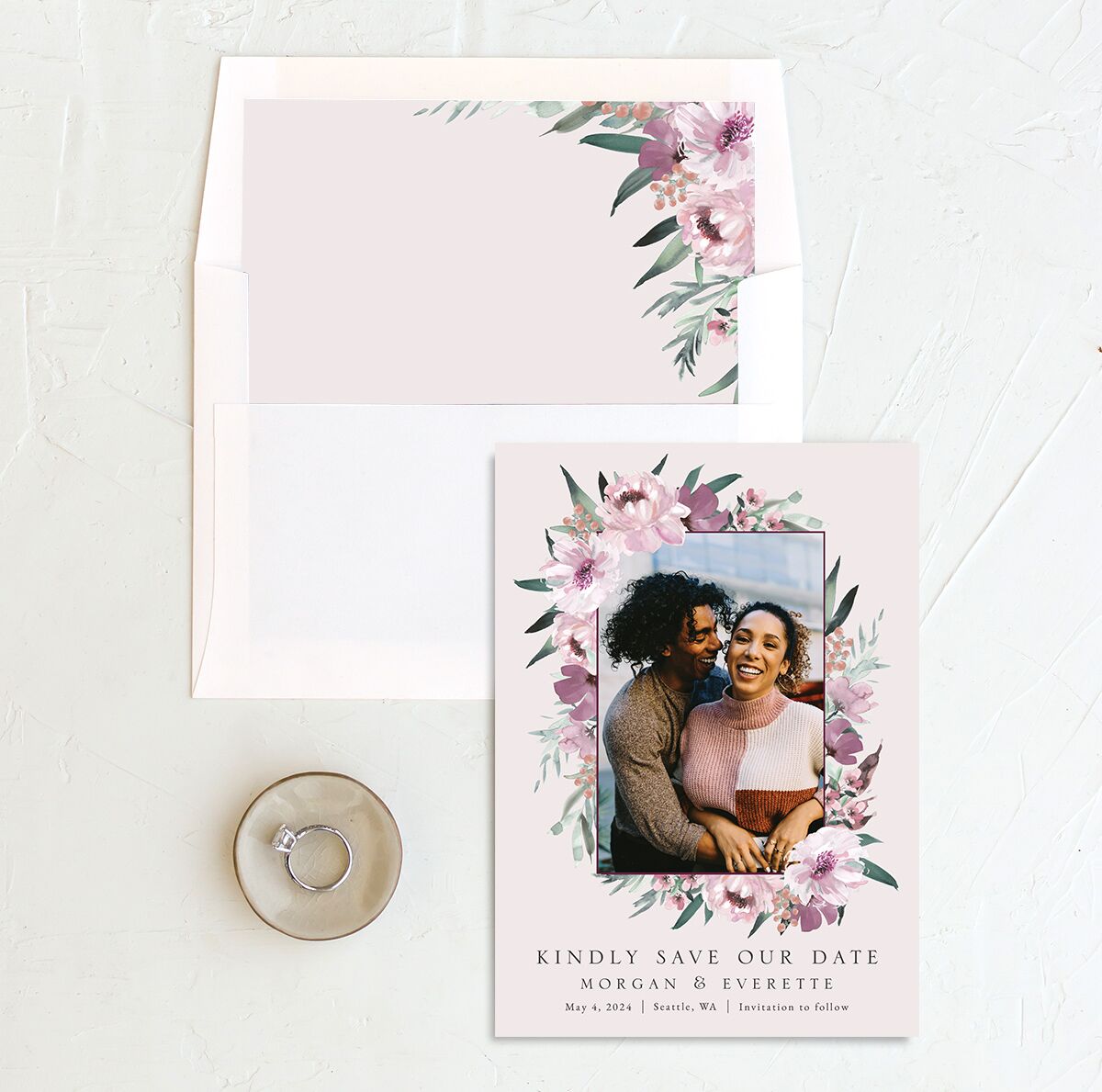 Decadent Blossom Save the Date Cards envelope-and-liner in lavender