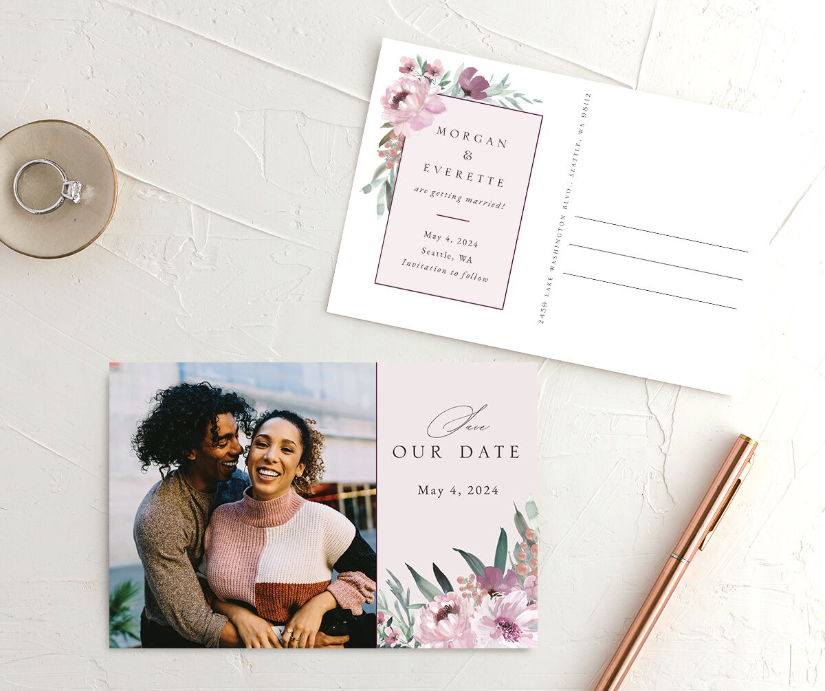 Decadent Blossom Save the Date Postcards front-and-back in lavender