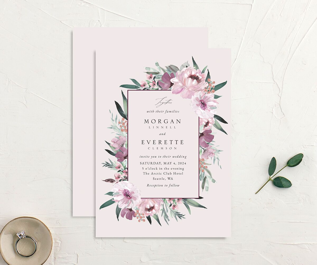 Decadent Blossom Wedding Invitations front-and-back in lavender