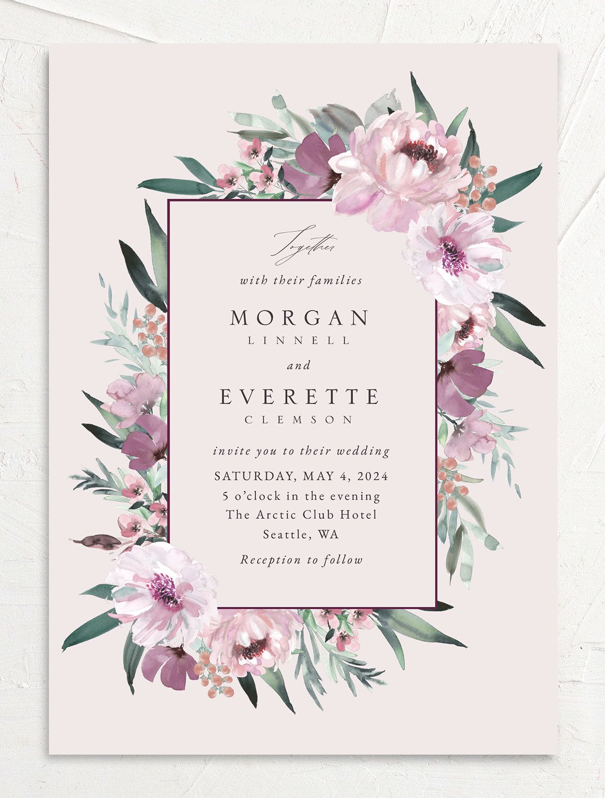 Decadent Blossom Wedding Invitations front in lavender