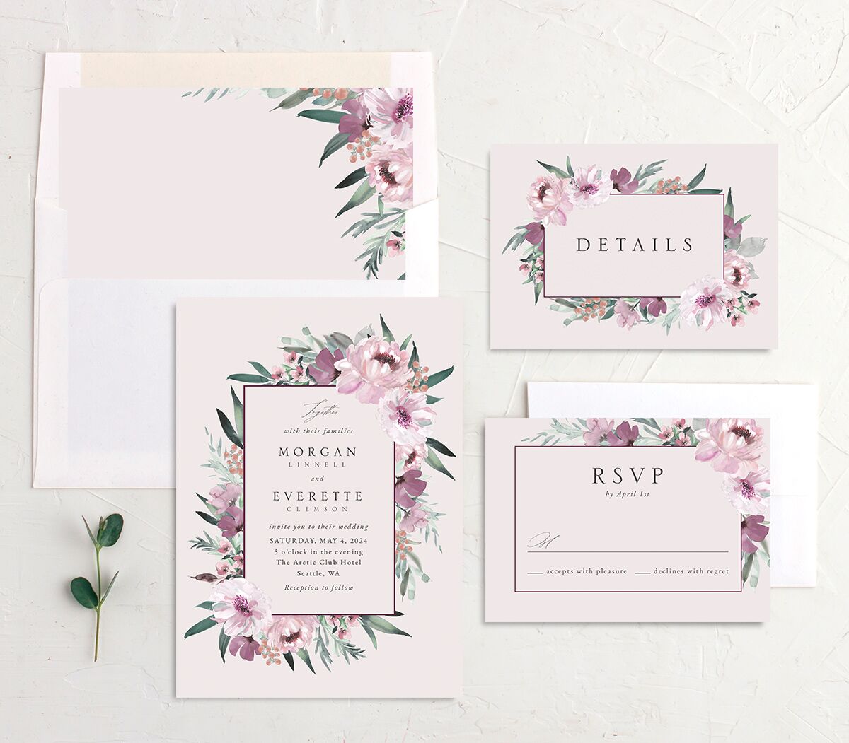 Decadent Blossom Wedding Invitations suite in lavender