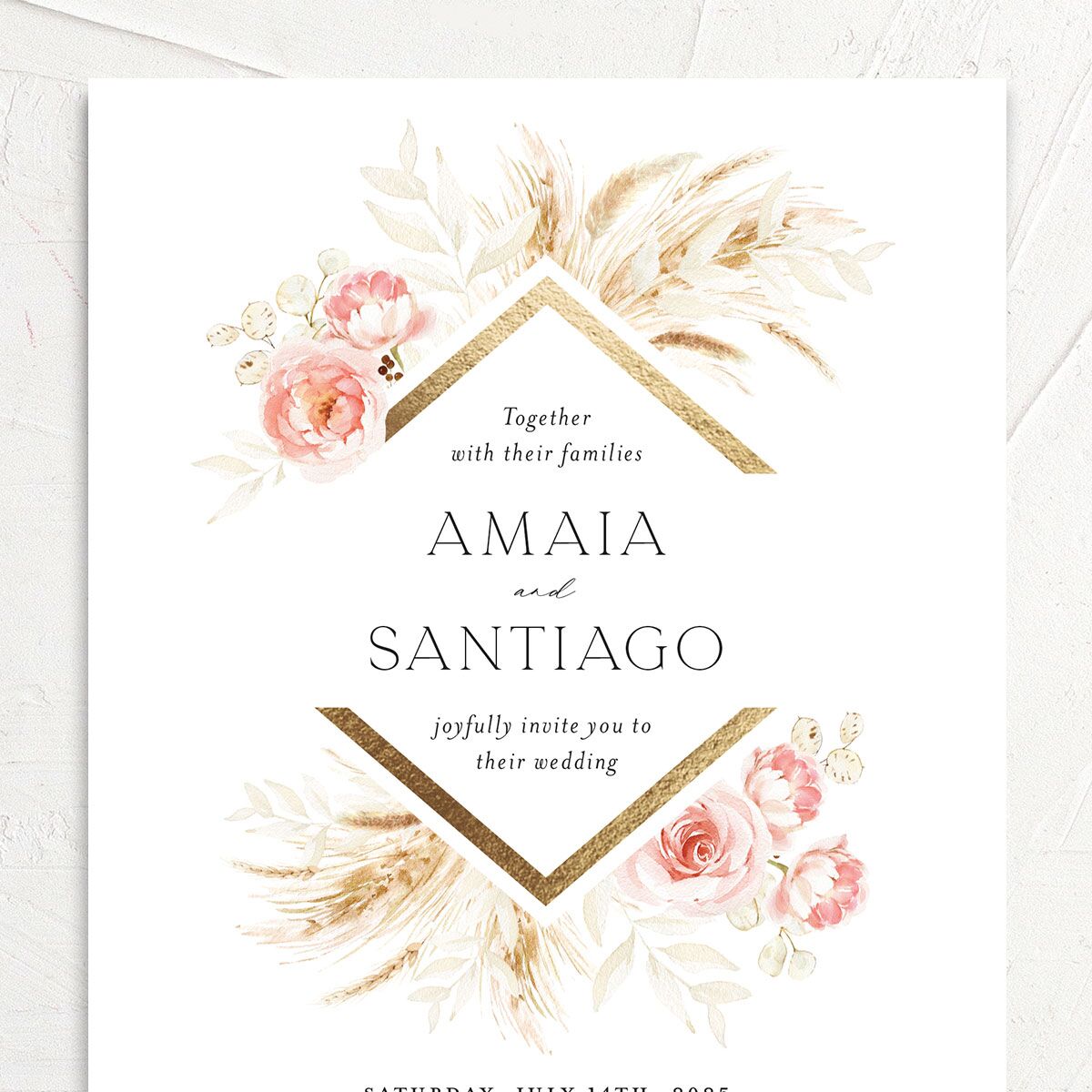 Rustic Bouquet Wedding Invitations Gold Pink Cotton Signature No