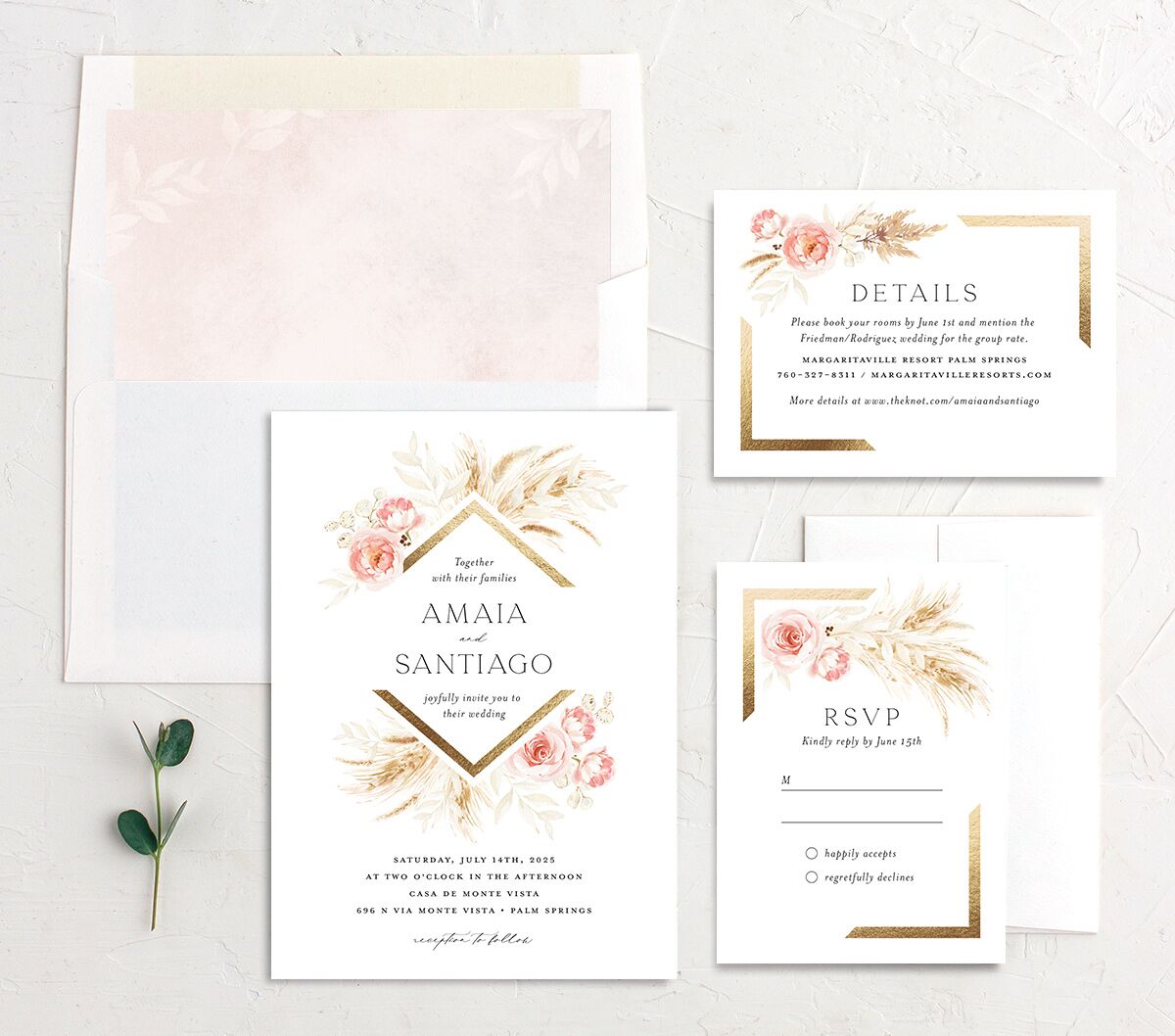 Rustic Bouquet Wedding Invitations Gold Pink Cotton Signature No