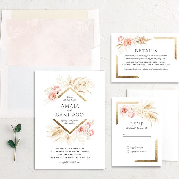 Rustic Bouquet Wedding Invitations Gold Pink Cotton Signature No