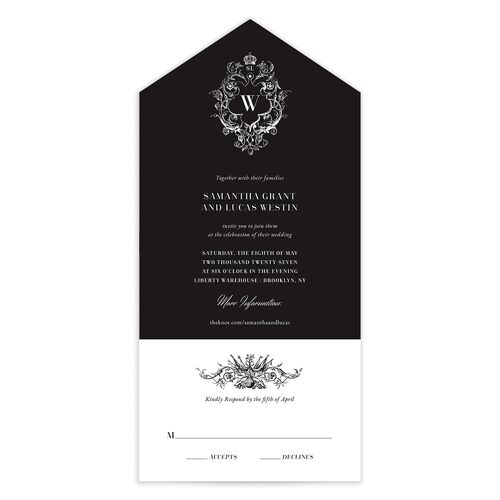 Ornate Vintage Crest All-in-One Wedding Invitations Midnight Signature Light Both Recipient and Return Addresses No