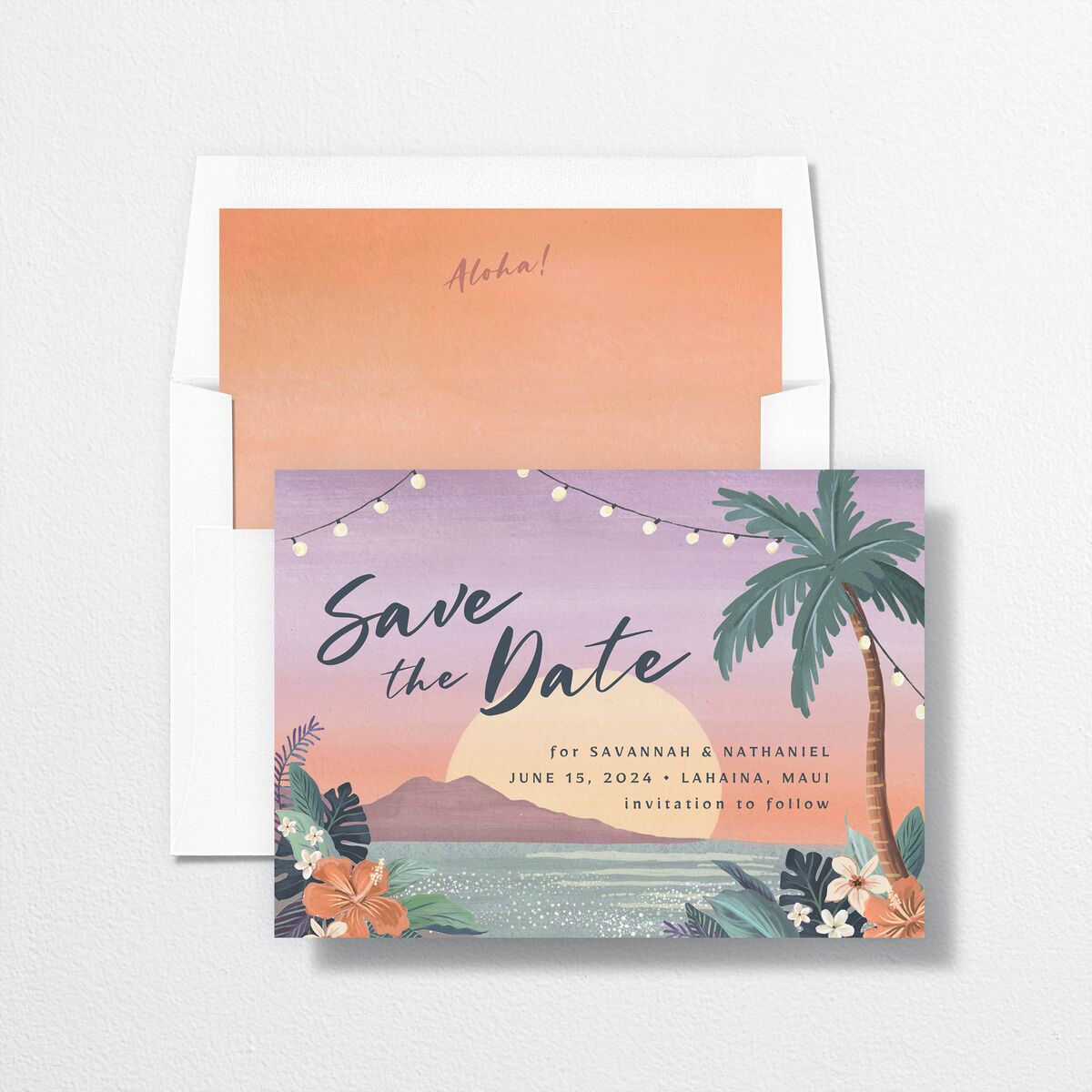 Vintage Island Save The Date Cards envelope-and-liner in Purple