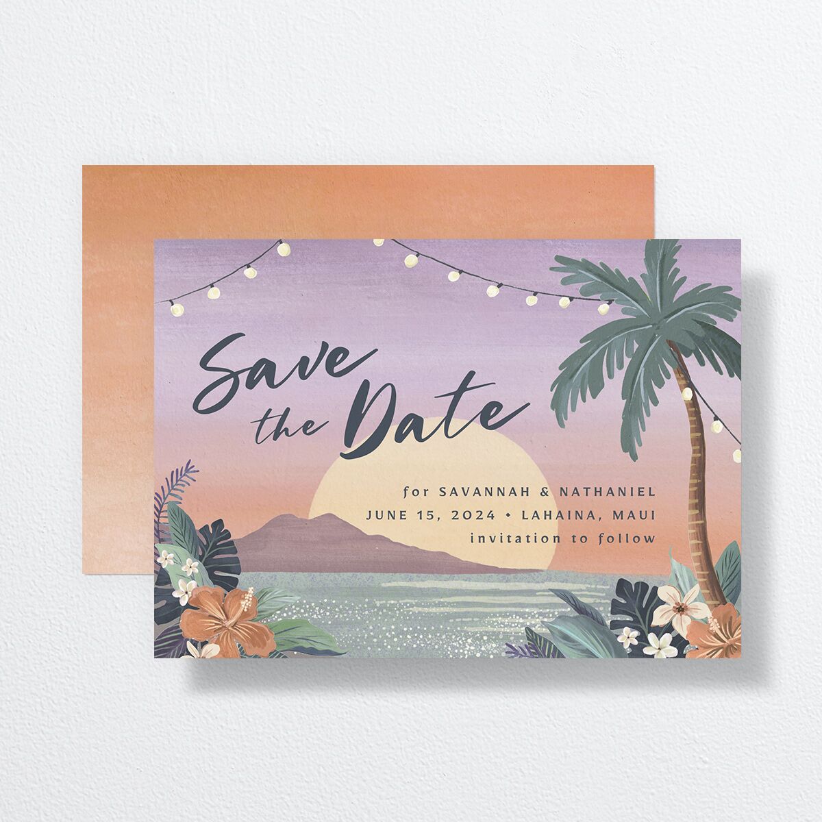 Vintage Island Save The Date Cards front-and-back in Purple