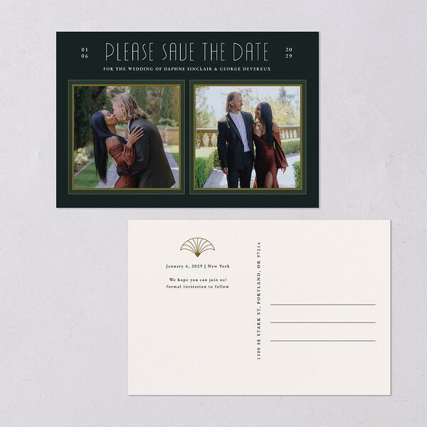 Gatsby Deco Arch Save the Date Postcards Dark Emerald