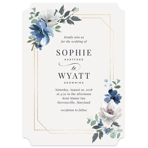 Floral Frame Foil Wedding Invitations Gold Regency Blue Signature Blank No Ticket