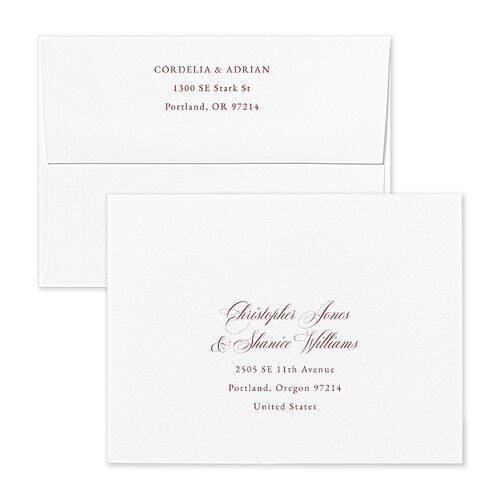 Ornate Lace Thank You Card Envelopes White Maroon Both Recipient and Return Addresses Signature Standard